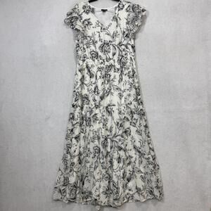 Halogen Dress Womens 1X White Floral V Neck Flutter Sleeve Maxi Tiered Lined